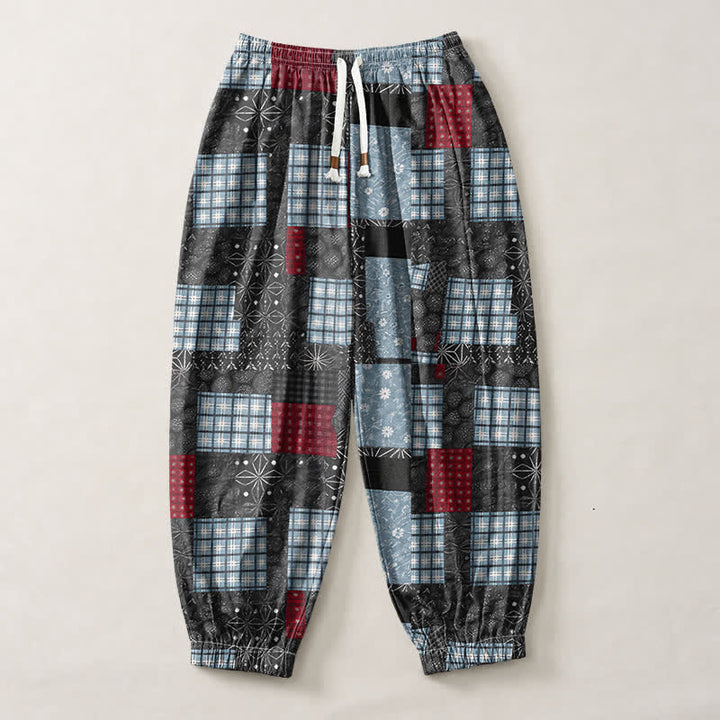 Buddha Stones Pure Cotton Vintage Patchwork Plaid Pattern Drawstring Men's Harem Pants With Pockets - image 7