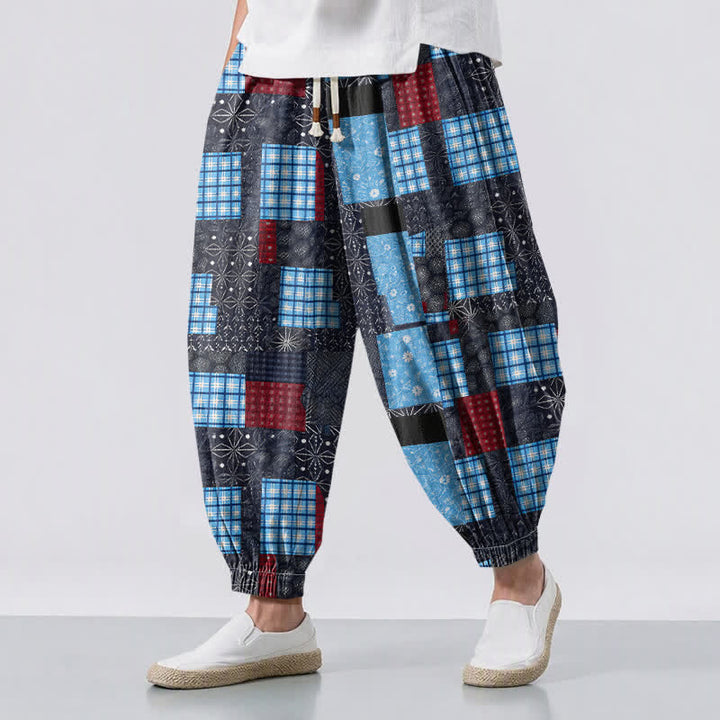 Buddha Stones Pure Cotton Vintage Patchwork Plaid Pattern Drawstring Men's Harem Pants With Pockets - SkyBlue - US/UK/AU50，EU60 (5XL) - image 12