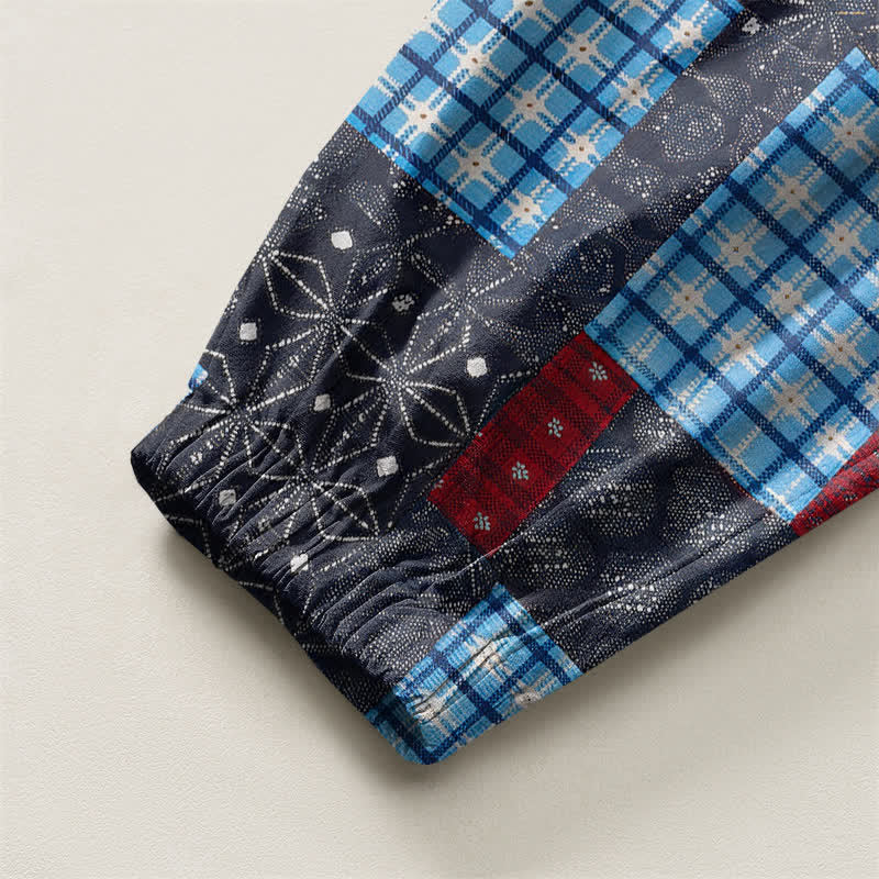 Buddha Stones Pure Cotton Vintage Patchwork Plaid Pattern Drawstring Men's Harem Pants With Pockets - image 16