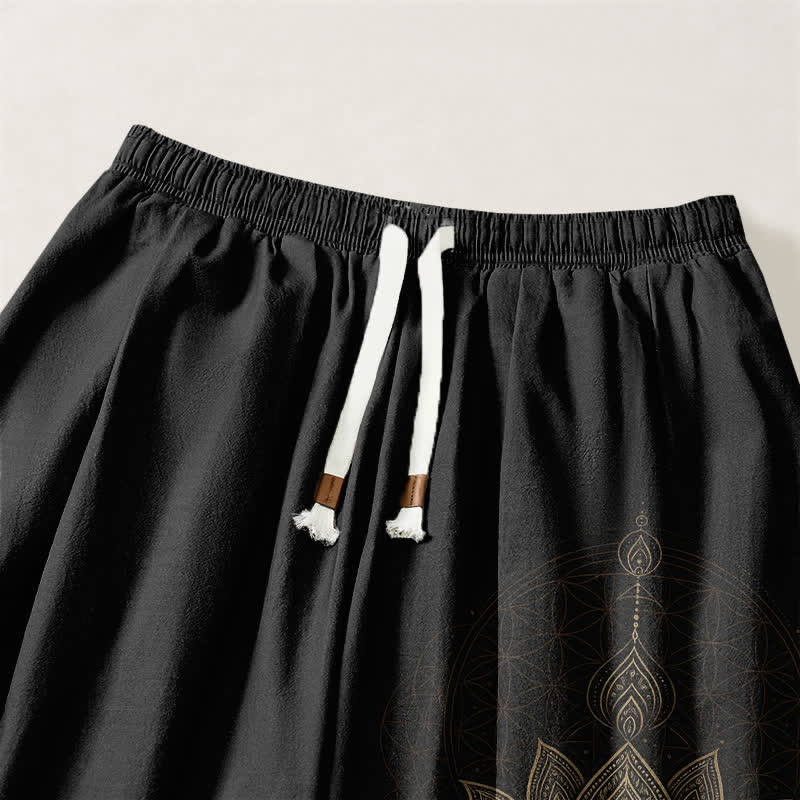 Buddha Stones Pure Cotton Golden Lotus Mandala Geometry Pattern Drawstring Men's Harem Pants With Pockets - image 3