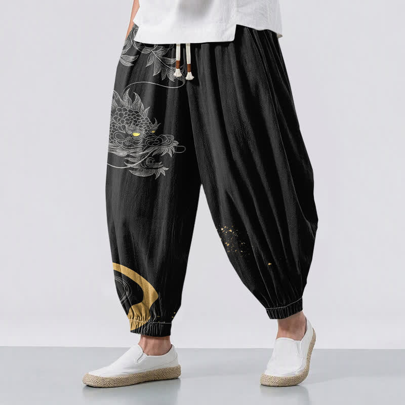 Buddha Stones Pure Cotton Eastern Dragon Pattern Drawstring Men's Harem Pants With Pockets - Black - US/UK/AU50，EU60 (5XL) - image 0