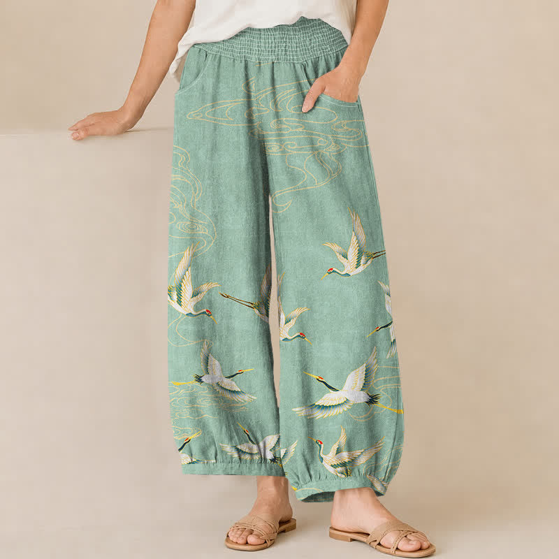 Buddha Stones Cotton Oriental Crane Cloud Pattern Pleated Elastic Waist Women's Harem Pants With Pockets - MediumAquamarine - US16，UK/AU20，EU48 (3XL) - image 0