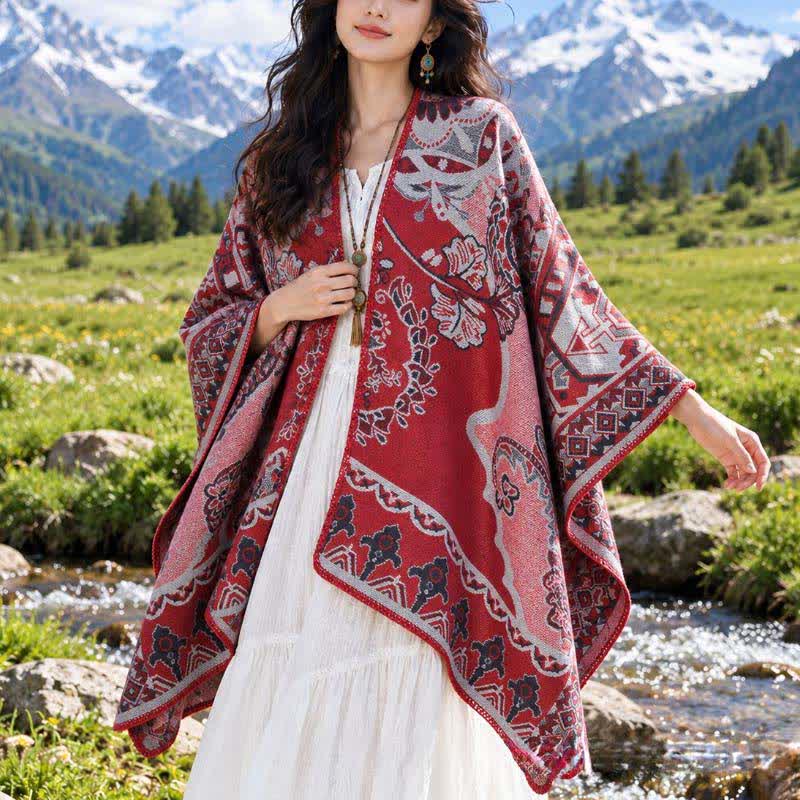 Buddha Stones Fall Winter Vintage Garden Floral Geometric Border Women's Shawl - Firebrick - 130*150cm - image 0