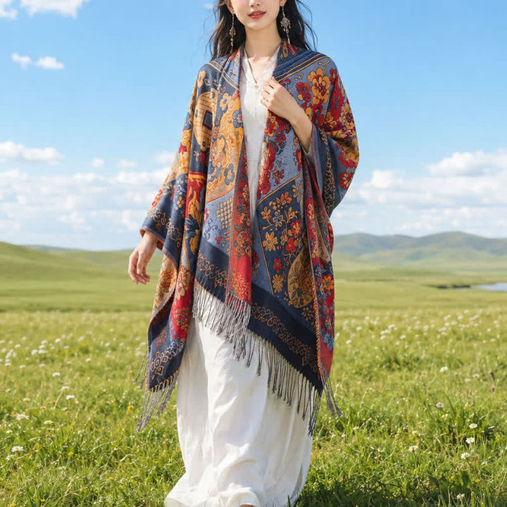 Buddha Stones Fall Winter Boho Floral Patchwork Tassel Women's Shawl - Orange - 140x160cm - image 4