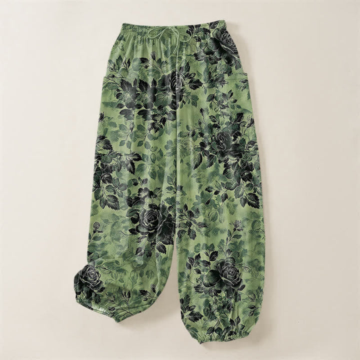 Buddha Stones Cotton Vintage Black Floral Pattern Women's Elastic Waist Harem Pants With Side Pockets - image 3