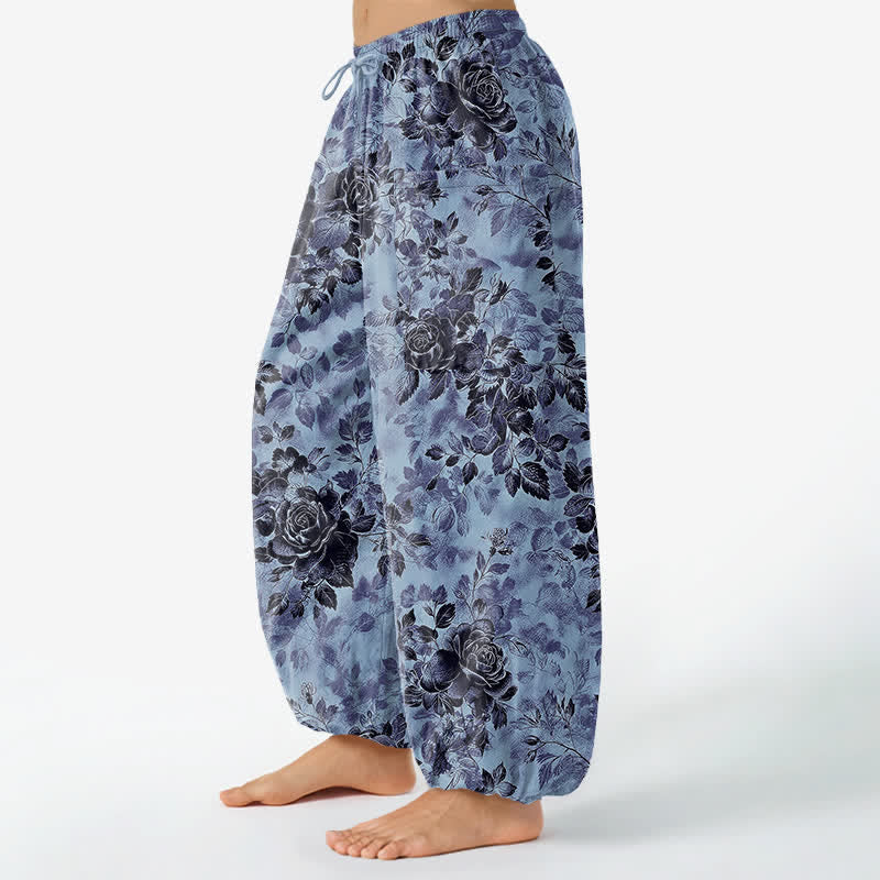 Buddha Stones Cotton Vintage Black Floral Pattern Women's Elastic Waist Harem Pants With Side Pockets - image 11