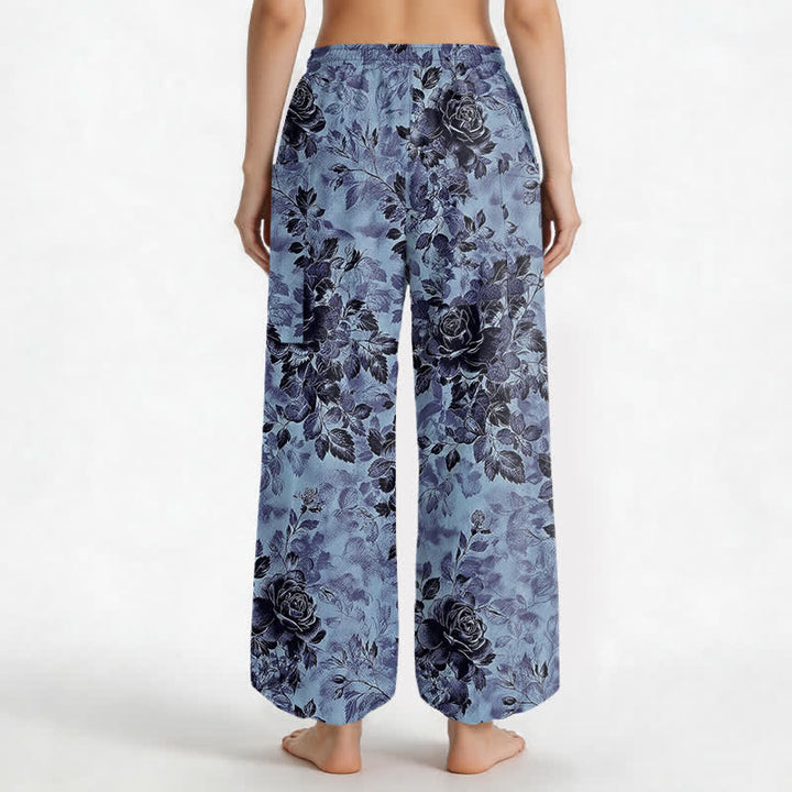 Buddha Stones Cotton Vintage Black Floral Pattern Women's Elastic Waist Harem Pants With Side Pockets - image 12