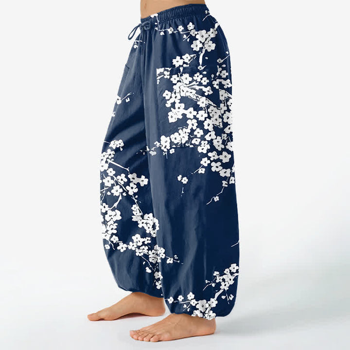 Buddha Stones Cotton White Plum Blossom Pattern Women's Elastic Waist Harem Pants With Side Pockets - image 1
