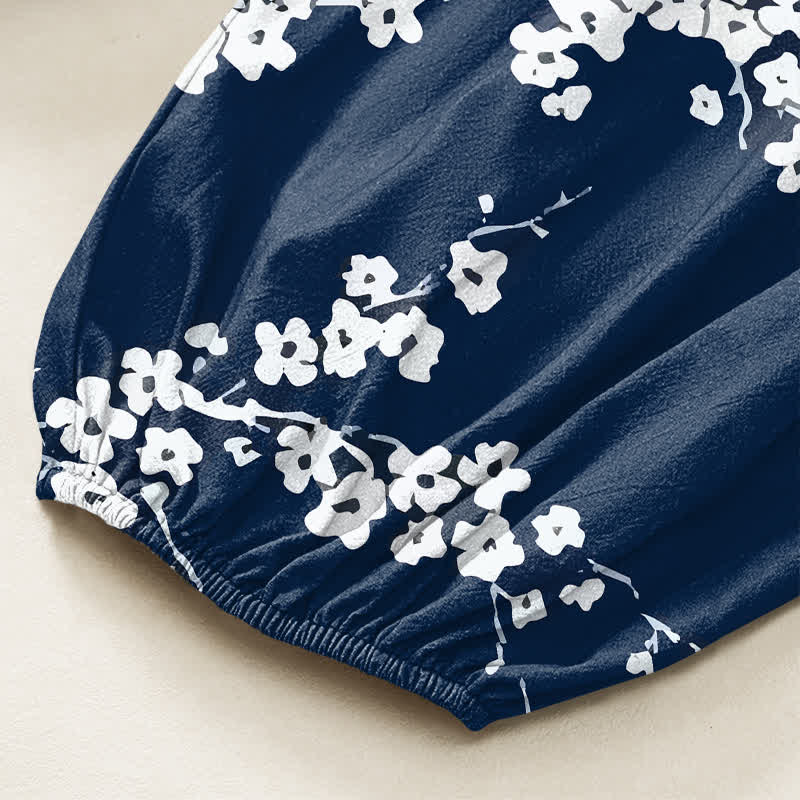 Buddha Stones Cotton White Plum Blossom Pattern Women's Elastic Waist Harem Pants With Side Pockets - image 6