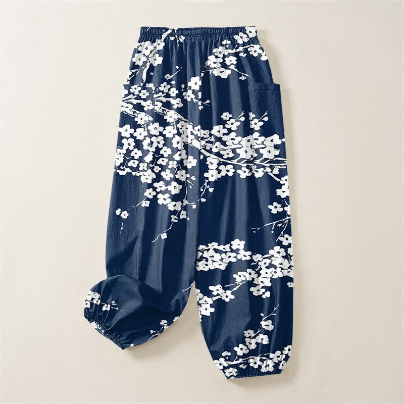 Buddha Stones Cotton White Plum Blossom Pattern Women's Elastic Waist Harem Pants With Side Pockets - image 4