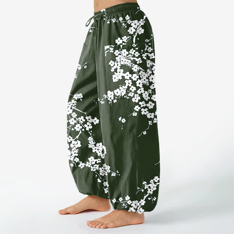 Buddha Stones Cotton White Plum Blossom Pattern Women's Elastic Waist Harem Pants With Side Pockets - image 8