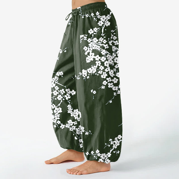 Buddha Stones Cotton White Plum Blossom Pattern Women's Elastic Waist Harem Pants With Side Pockets - image 8