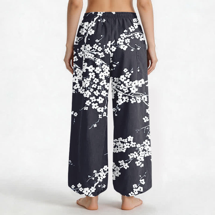Buddha Stones Cotton White Plum Blossom Pattern Women's Elastic Waist Harem Pants With Side Pockets - image 12