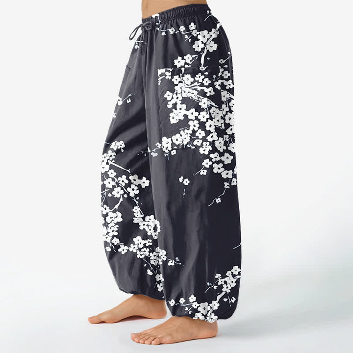 Buddha Stones Cotton White Plum Blossom Pattern Women's Elastic Waist Harem Pants With Side Pockets - image 11