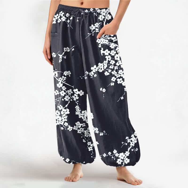 Buddha Stones Cotton White Plum Blossom Pattern Women's Elastic Waist Harem Pants With Side Pockets - Black - US16，UK/AU20，EU48 (3XL) - image 10