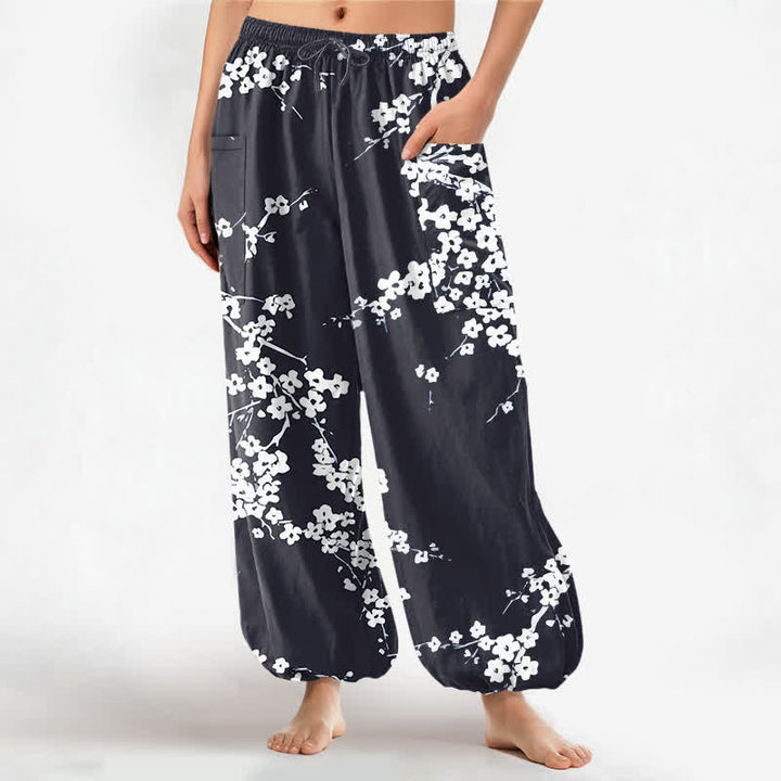 Buddha Stones Cotton White Plum Blossom Pattern Women's Elastic Waist Harem Pants With Side Pockets - Black - US16，UK/AU20，EU48 (3XL) - image 10