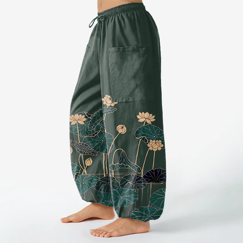 Buddha Stones Cotton Zen Lotus Garden Pattern Women's Elastic Waist Harem Pants With Side Pockets - image 1