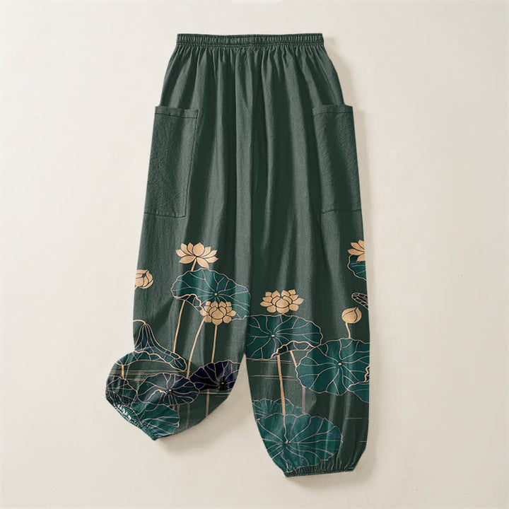 Buddha Stones Cotton Zen Lotus Garden Pattern Women's Elastic Waist Harem Pants With Side Pockets - image 4