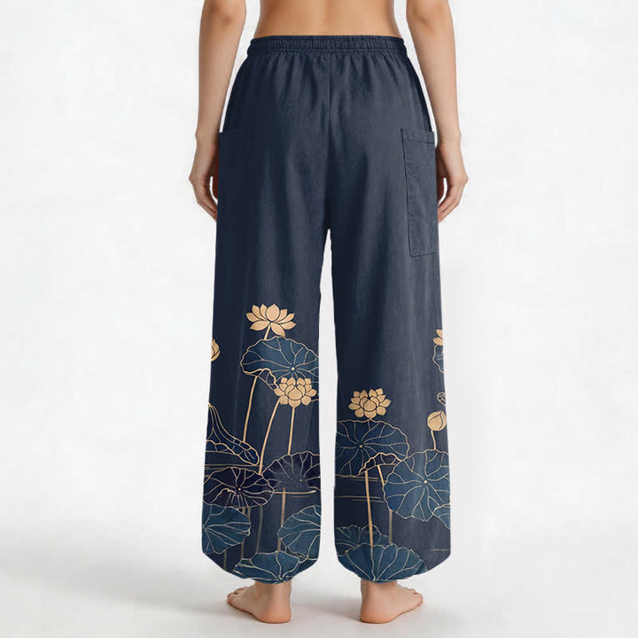 Buddha Stones Cotton Zen Lotus Garden Pattern Women's Elastic Waist Harem Pants With Side Pockets - image 9