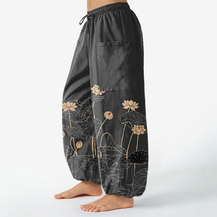 Buddha Stones Cotton Zen Lotus Garden Pattern Women's Elastic Waist Harem Pants With Side Pockets - image 11