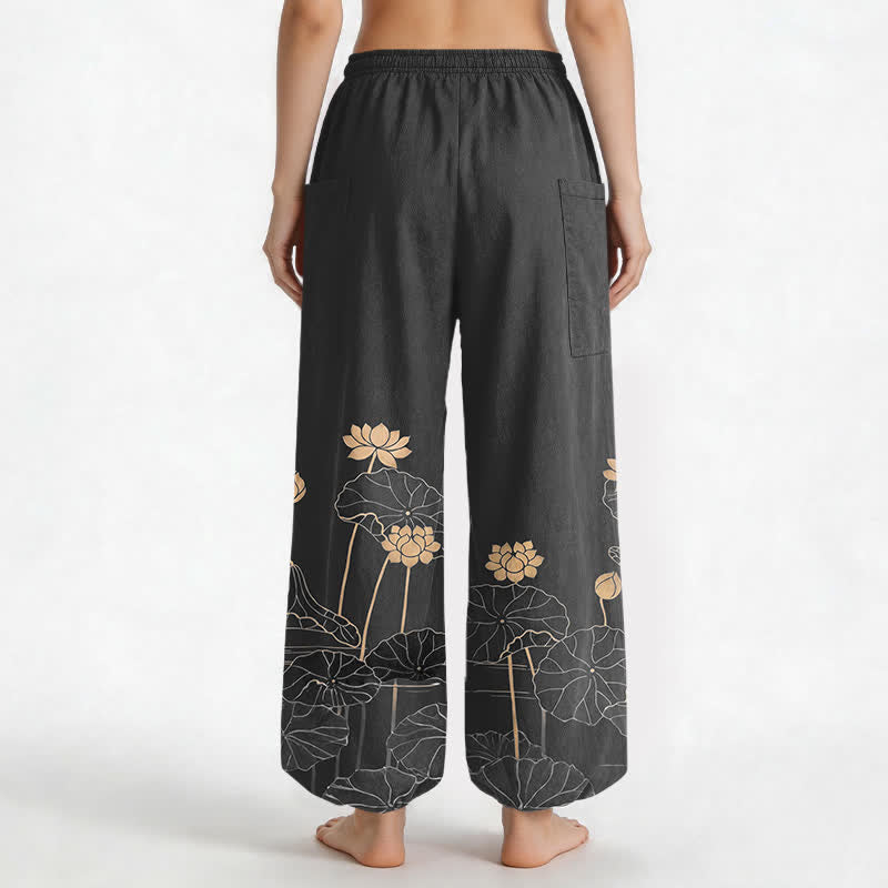 Buddha Stones Cotton Zen Lotus Garden Pattern Women's Elastic Waist Harem Pants With Side Pockets - image 12