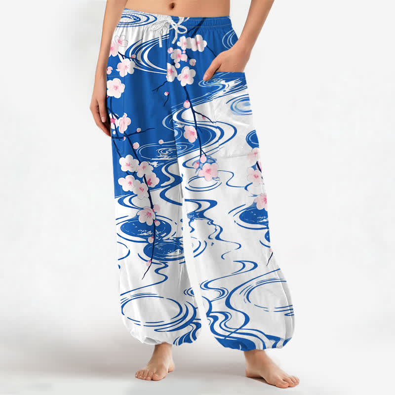 Buddha Stones Cotton Cherry Blossom Water Ripple Pattern Women's Elastic Waist Harem Pants With Side Pockets - Blue - US16，UK/AU20，EU48 (3XL) - image 0