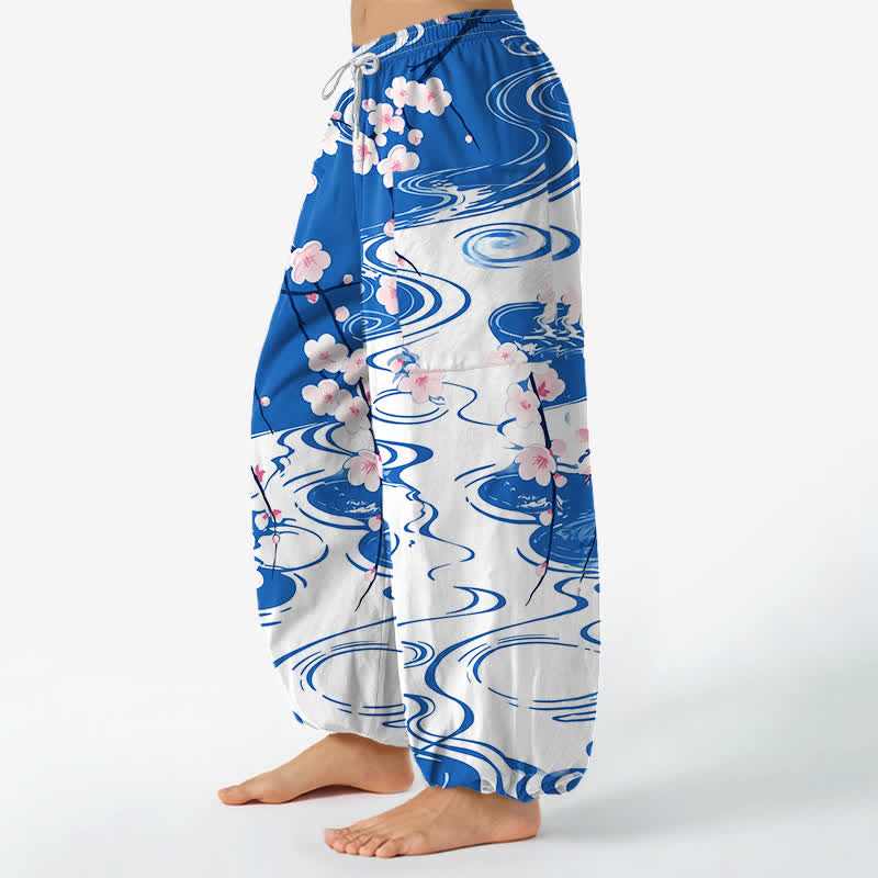 Buddha Stones Cotton Cherry Blossom Water Ripple Pattern Women's Elastic Waist Harem Pants With Side Pockets - image 1