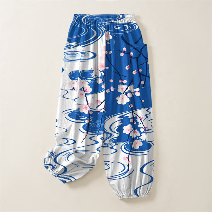 Buddha Stones Cotton Cherry Blossom Water Ripple Pattern Women's Elastic Waist Harem Pants With Side Pockets - image 4