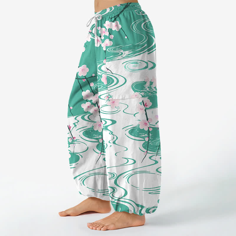 Buddha Stones Cotton Cherry Blossom Water Ripple Pattern Women's Elastic Waist Harem Pants With Side Pockets - image 8