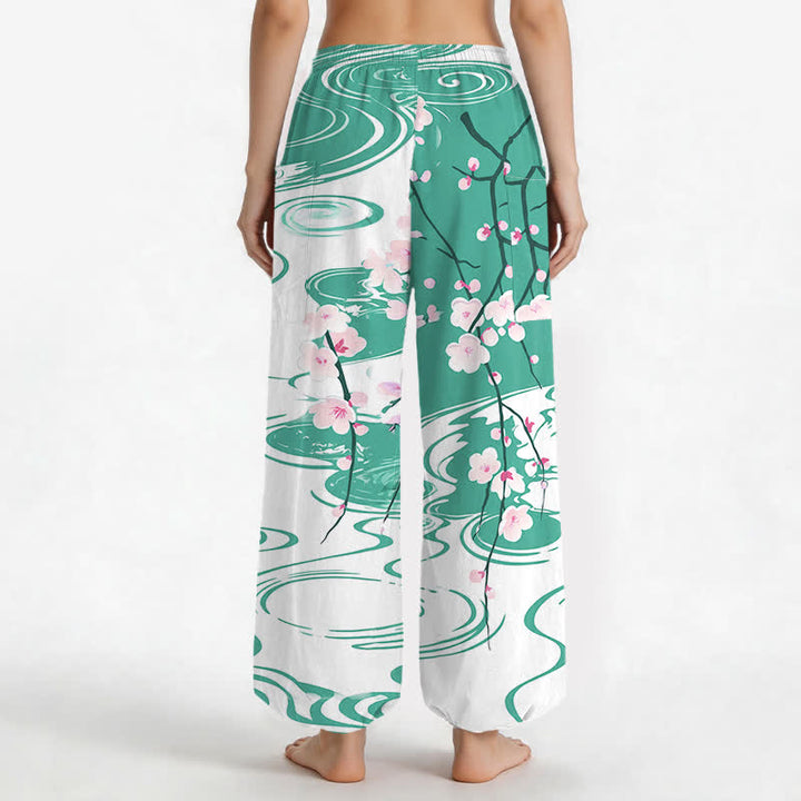 Buddha Stones Cotton Cherry Blossom Water Ripple Pattern Women's Elastic Waist Harem Pants With Side Pockets - image 9