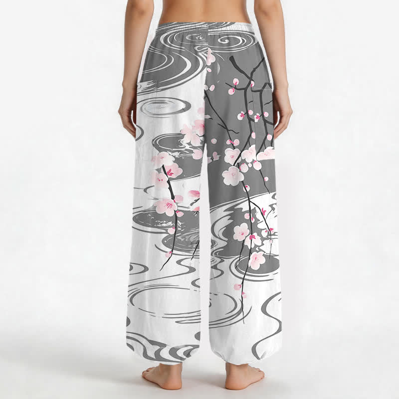 Buddha Stones Cotton Cherry Blossom Water Ripple Pattern Women's Elastic Waist Harem Pants With Side Pockets - image 12