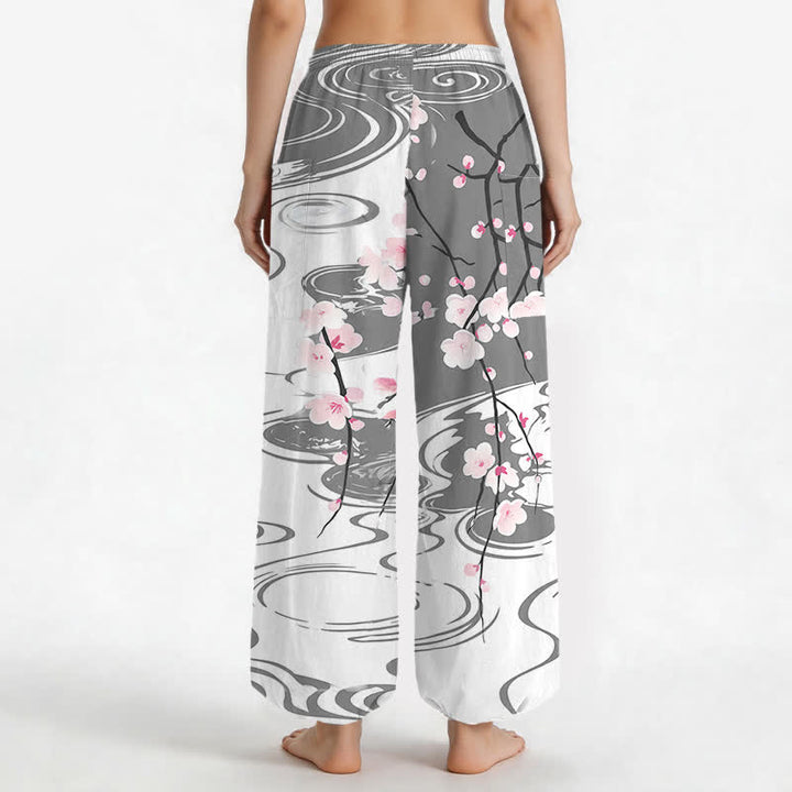 Buddha Stones Cotton Cherry Blossom Water Ripple Pattern Women's Elastic Waist Harem Pants With Side Pockets - image 12