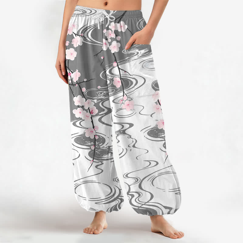 Buddha Stones Cotton Cherry Blossom Water Ripple Pattern Women's Elastic Waist Harem Pants With Side Pockets - Gray - US16，UK/AU20，EU48 (3XL) - image 10