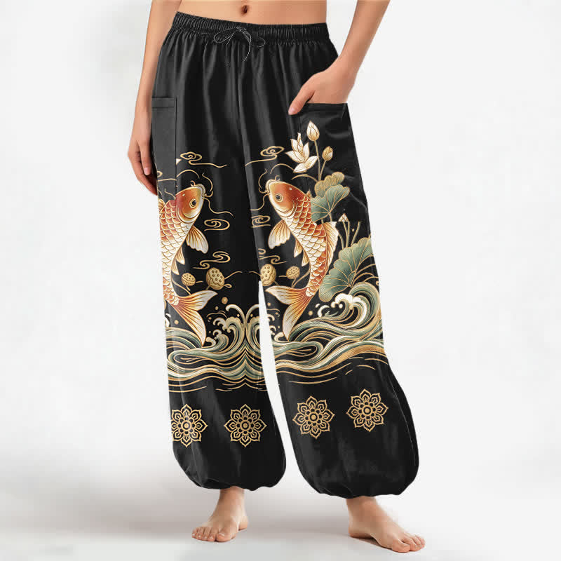Buddha Stones Cotton Golden Koi Lotus Wave Pattern Women's Elastic Waist Harem Pants With Side Pockets - Black - US16，UK/AU20，EU48 (3XL) - image 0