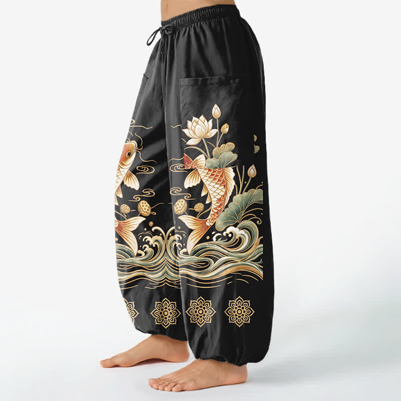 Buddha Stones Cotton Golden Koi Lotus Wave Pattern Women's Elastic Waist Harem Pants With Side Pockets - image 1
