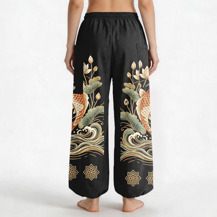 Buddha Stones Cotton Golden Koi Lotus Wave Pattern Women's Elastic Waist Harem Pants With Side Pockets - image 2