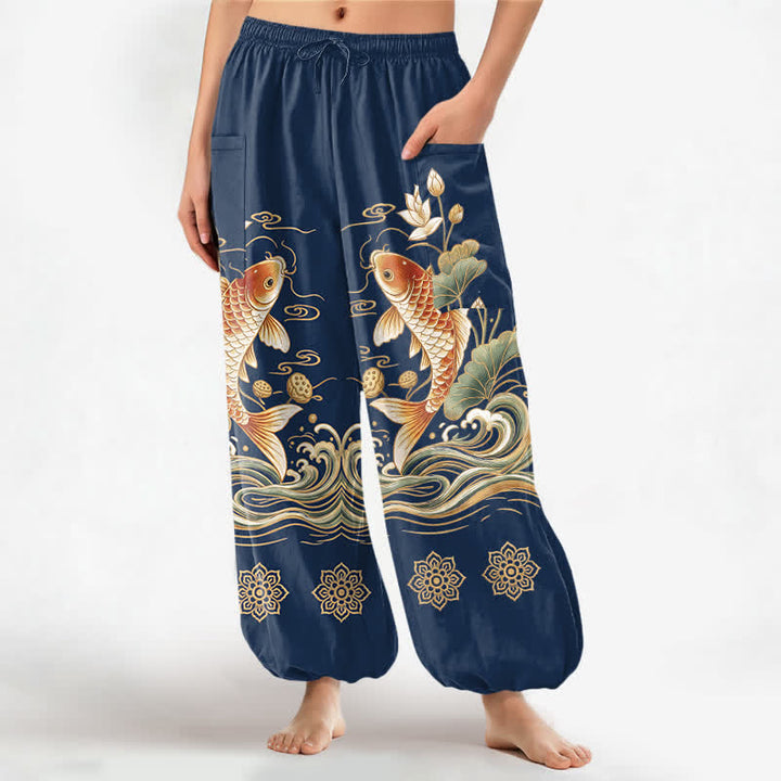 Buddha Stones Cotton Golden Koi Lotus Wave Pattern Women's Elastic Waist Harem Pants With Side Pockets - Navy - US16，UK/AU20，EU48 (3XL) - image 7