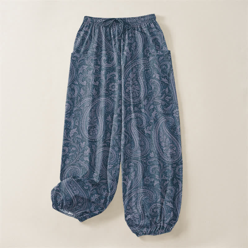 Buddha Stones Cotton Vintage Paisley Pattern Women's Elastic Waist Harem Pants With Side Pockets - image 3
