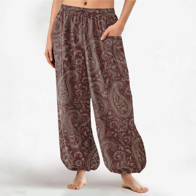 Buddha Stones Cotton Vintage Paisley Pattern Women's Elastic Waist Harem Pants With Side Pockets - Maroon - US16，UK/AU20，EU48 (3XL) - image 7