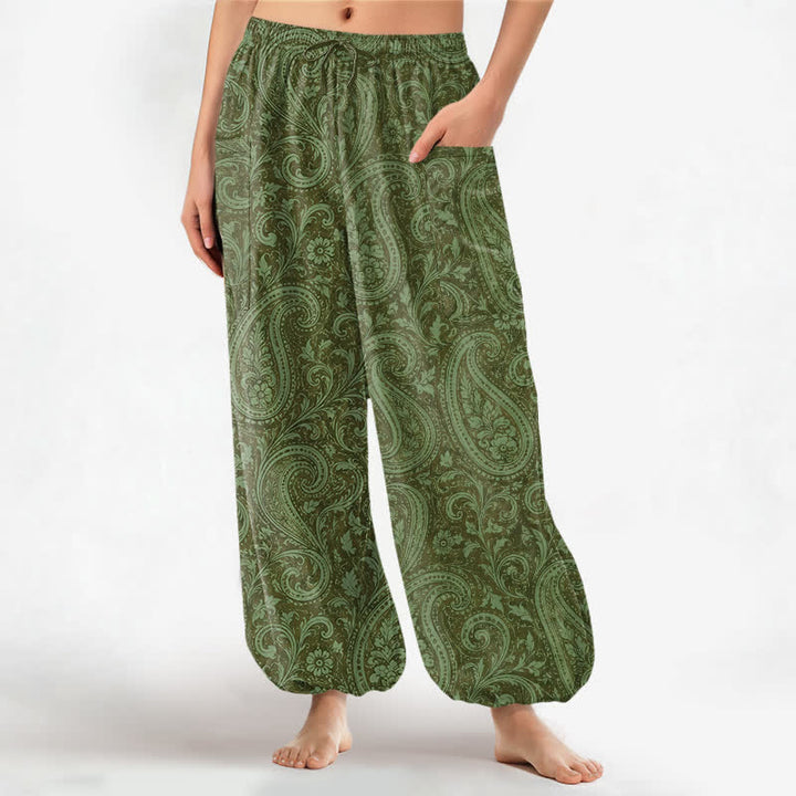 Buddha Stones Cotton Vintage Paisley Pattern Women's Elastic Waist Harem Pants With Side Pockets - OliveDrab - US16，UK/AU20，EU48 (3XL) - image 10