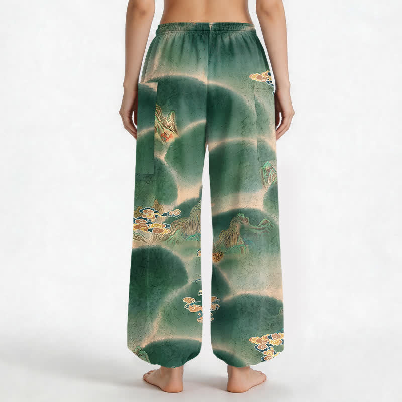Buddha Stones Cotton Misty Landscape Motif Pattern Women's Elastic Waist Harem Pants With Side Pockets - image 2