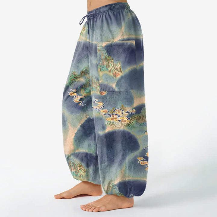Buddha Stones Cotton Misty Landscape Motif Pattern Women's Elastic Waist Harem Pants With Side Pockets - image 8