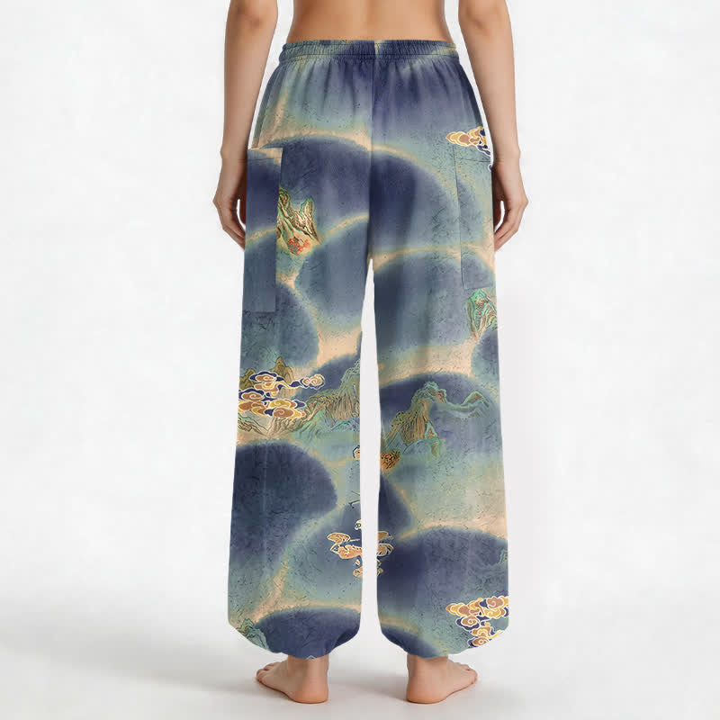Buddha Stones Cotton Misty Landscape Motif Pattern Women's Elastic Waist Harem Pants With Side Pockets - image 9