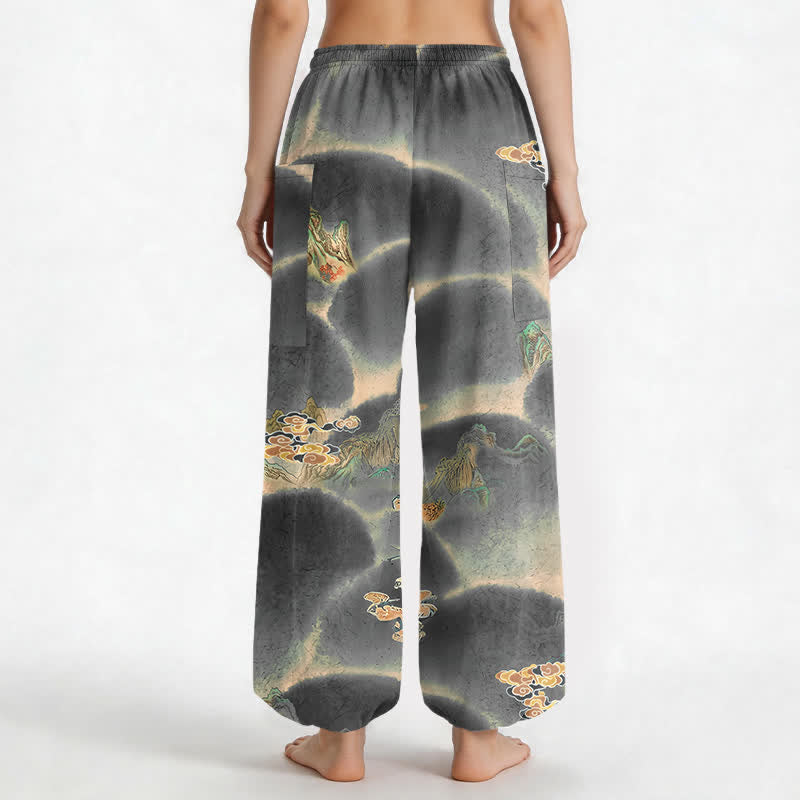 Buddha Stones Cotton Misty Landscape Motif Pattern Women's Elastic Waist Harem Pants With Side Pockets - image 12