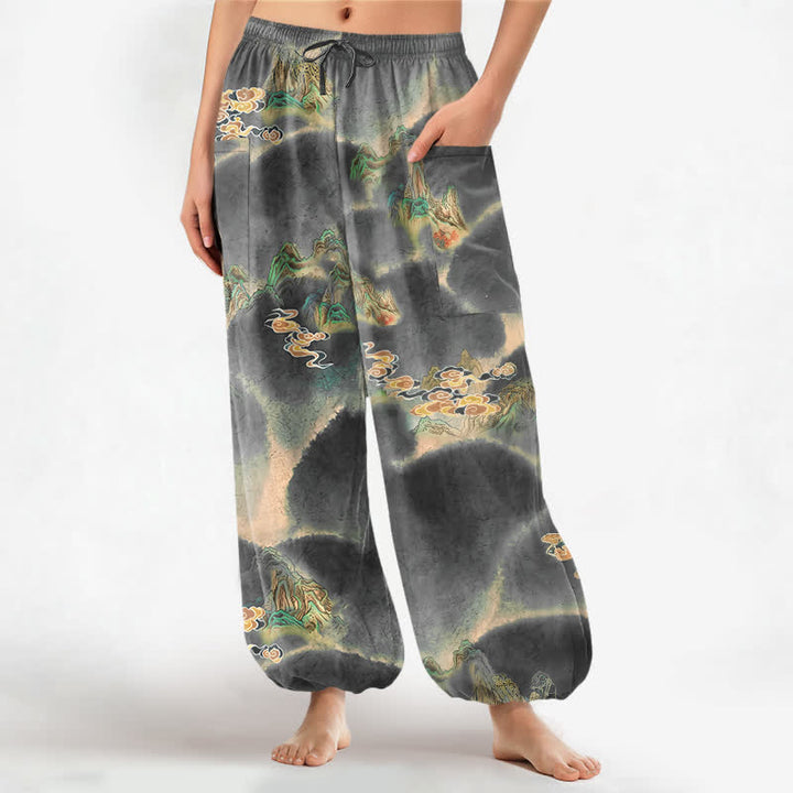 Buddha Stones Cotton Misty Landscape Motif Pattern Women's Elastic Waist Harem Pants With Side Pockets - DarkGray - US16，UK/AU20，EU48 (3XL) - image 10