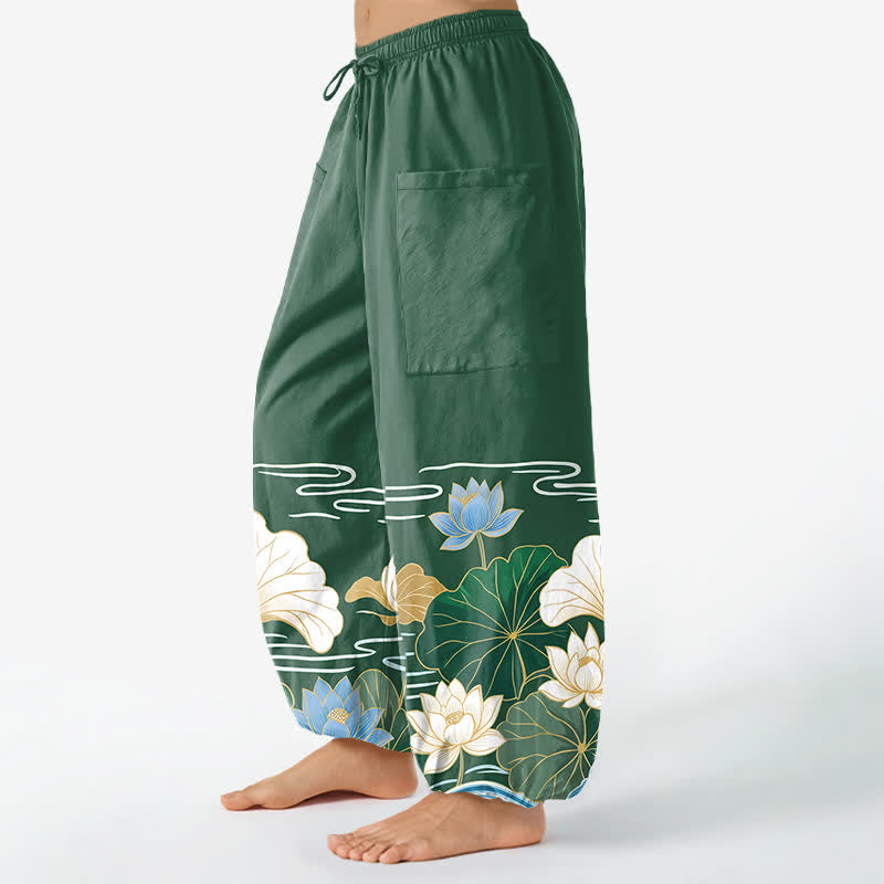 Buddha Stones Cotton Lotus Leaf Wave Pattern Women's Elastic Waist Harem Pants With Side Pockets - image 1