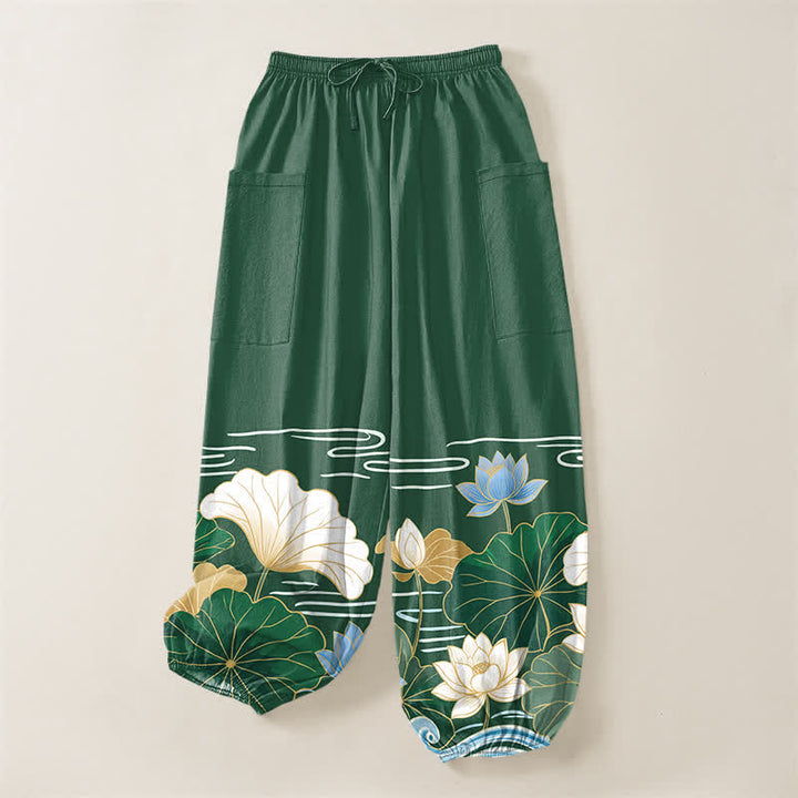 Buddha Stones Cotton Lotus Leaf Wave Pattern Women's Elastic Waist Harem Pants With Side Pockets - image 3