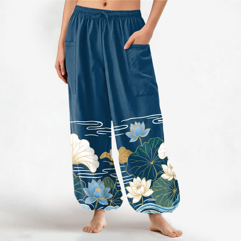 Buddha Stones Cotton Lotus Leaf Wave Pattern Women's Elastic Waist Harem Pants With Side Pockets - SteelBlue - US16，UK/AU20，EU48 (3XL) - image 7
