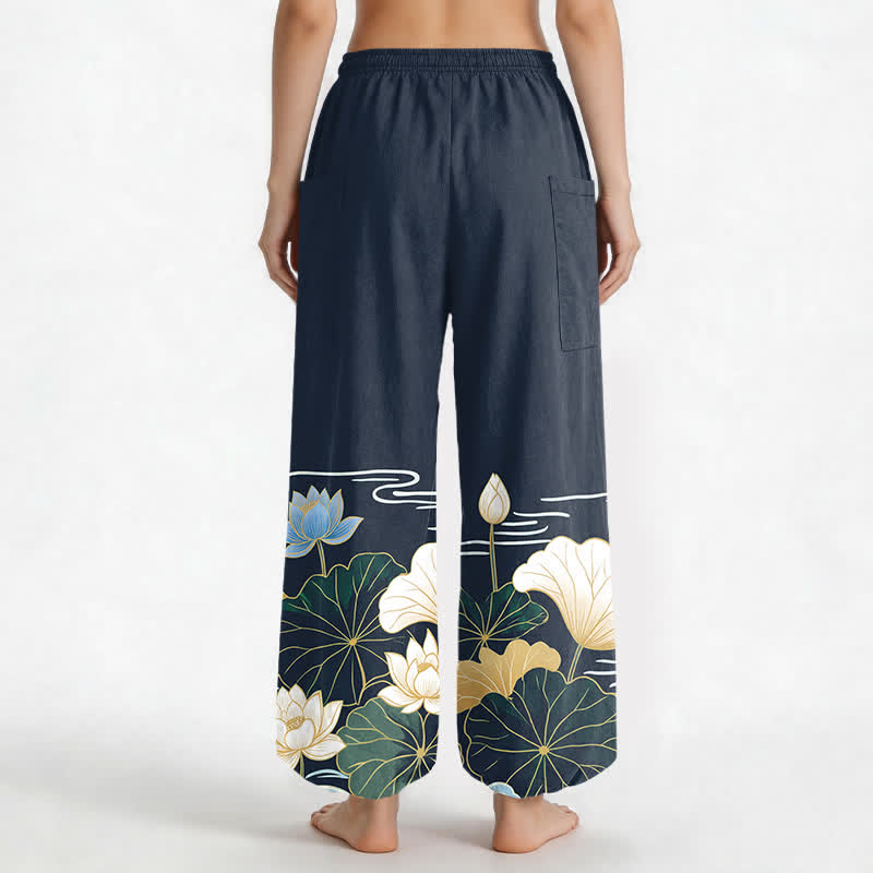 Buddha Stones Cotton Lotus Leaf Wave Pattern Women's Elastic Waist Harem Pants With Side Pockets - image 12