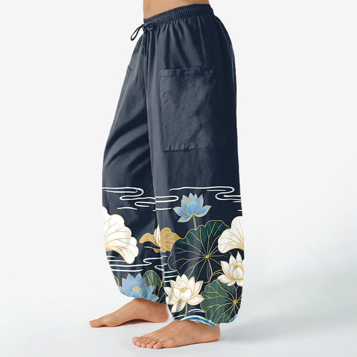 Buddha Stones Cotton Lotus Leaf Wave Pattern Women's Elastic Waist Harem Pants With Side Pockets - image 11